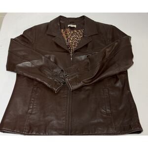D & Co Women's Leather Jacket Size XL Brown Full Zip Leopard Print Lining Chic